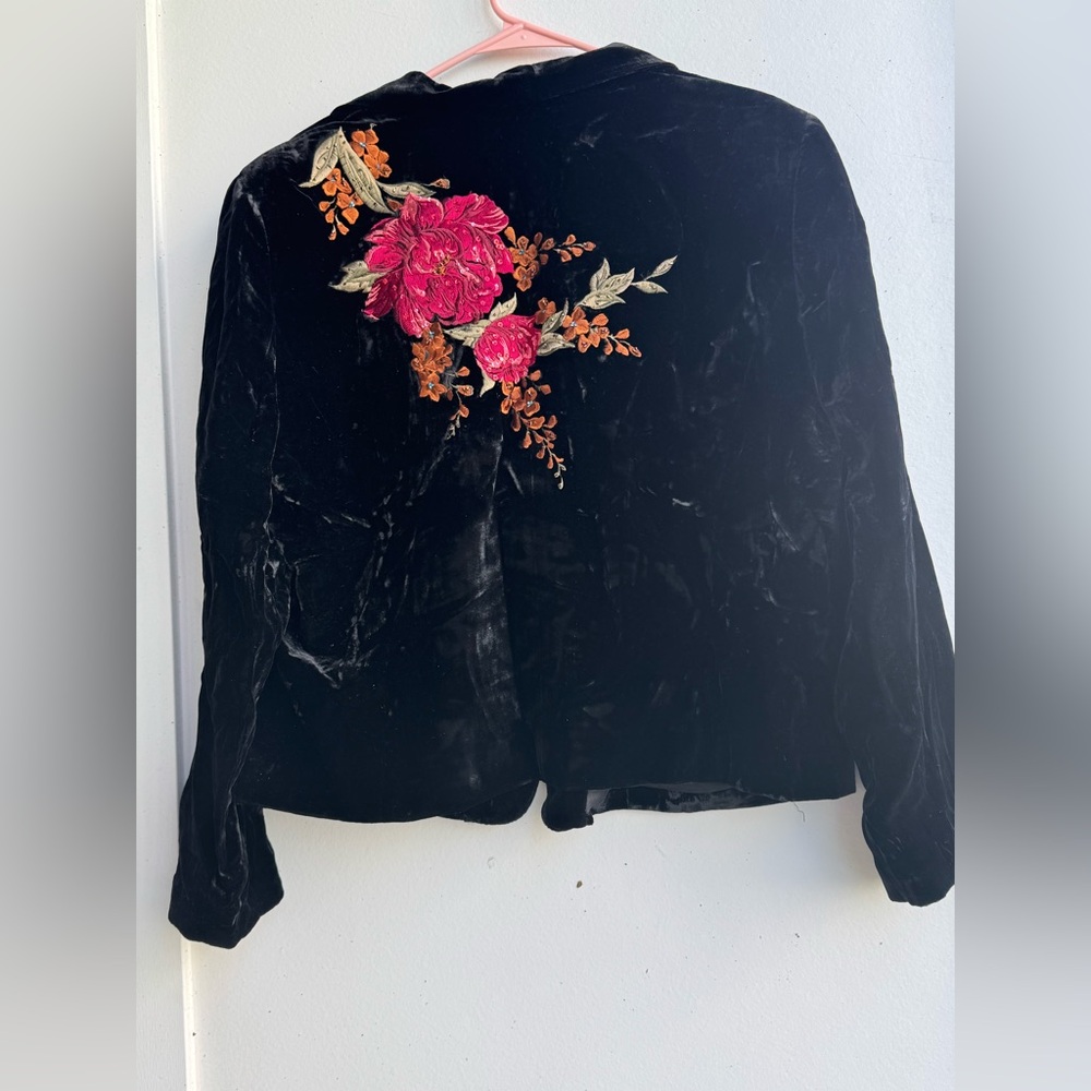 Studio Paper, black with colorful floral embroidery, velvet material.